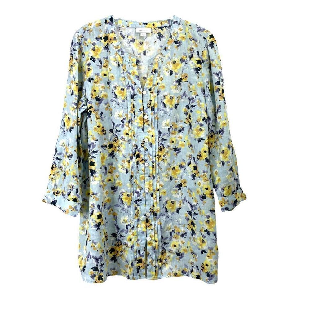 J. Jill love linen floral 100% linen blouse top Size‎ S blue